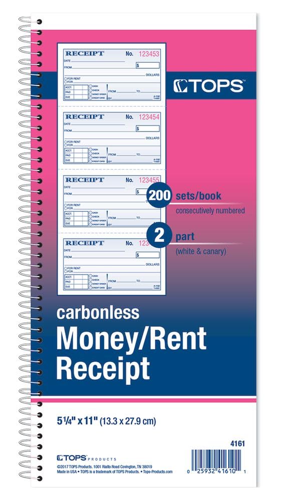 TOPS Money/Rent Receipt Book, 2-Part, Carbonless, 11 x 5.25 Inches, 4 Receipts/Page, 200 Sets per Book (4161) , White - Image 1